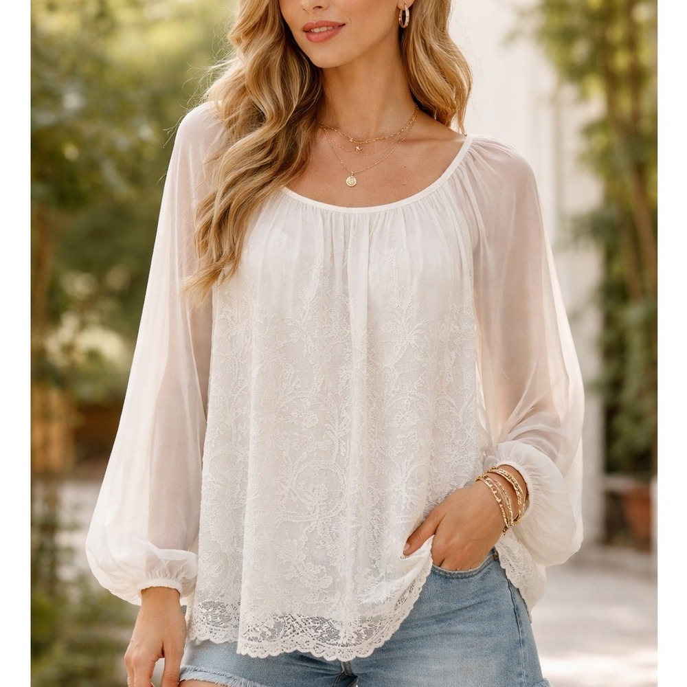 Angela Moda Silk Blend Embroidered Blouse Top Womens L Sheer Boho Ethereal Italy